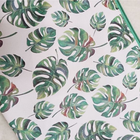 BIJORCA Green White Monstera Leaves Zippered Canvas Pouch NEW - Picture 4 of 4